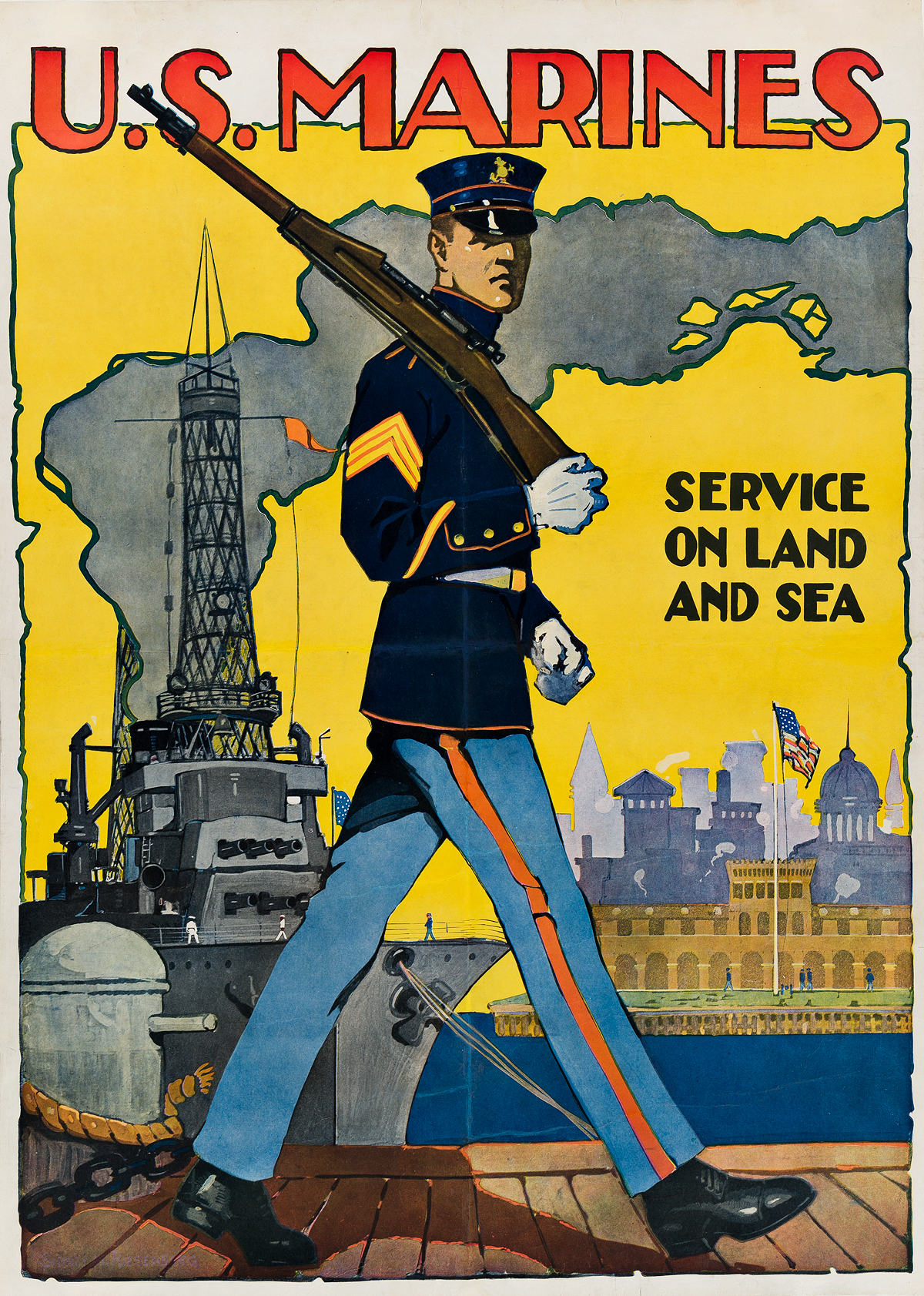 SIDNEY H. RIESENBERG (1885-1972). U.S. MARINES / SERVICE ON LAND AND SEA. 1917. 35x25 inches, 90x64 cm.